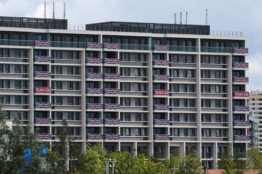 Flags are pictured on the balconies of the British Olympic team accommodation